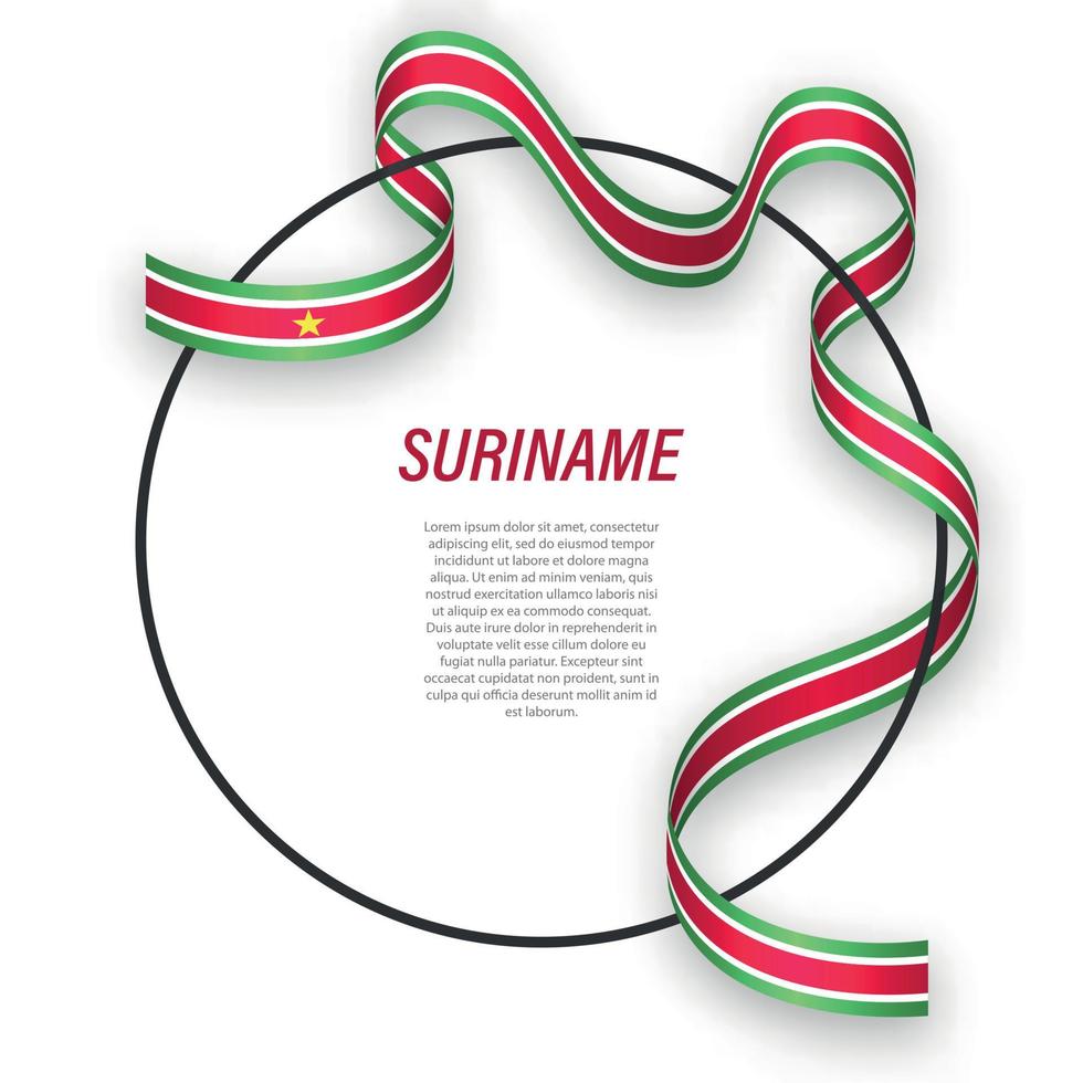 Waving ribbon flag of Suriname on circle frame. Template for ind vector