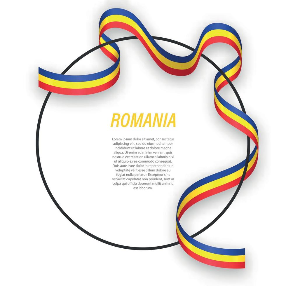 Waving ribbon flag of Romania on circle frame. Template for inde vector
