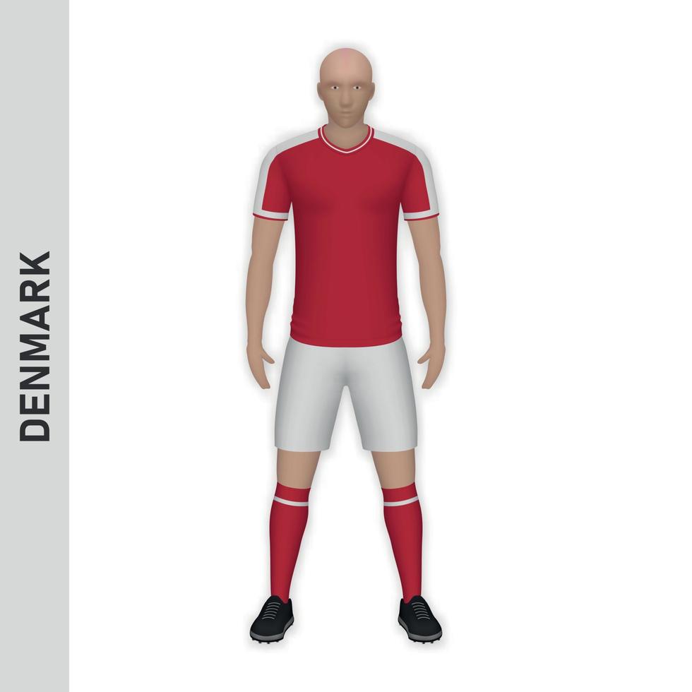 Maqueta de jugador de fútbol realista en 3d. kit de equipo de fútbol de dinamarca tem vector