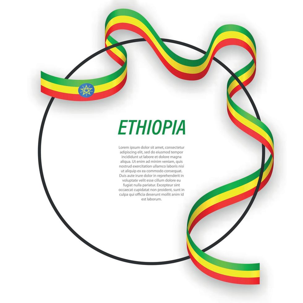 Waving ribbon flag of Ethiopia on circle frame. Template for ind vector