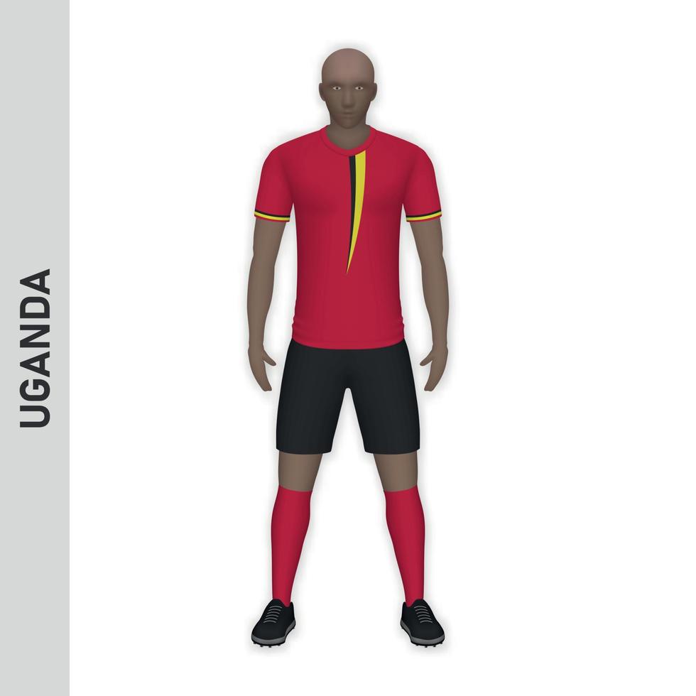 Maqueta de jugador de fútbol realista en 3d. temperatura del kit del equipo de fútbol de uganda vector