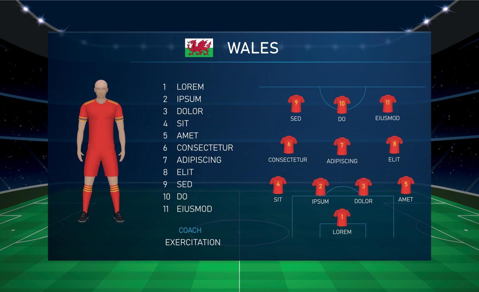 gráfico de transmisión de marcador de fútbol con equipo de fútbol de escuadrón wal vector