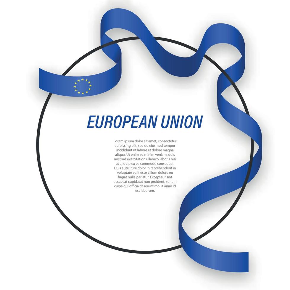 Waving ribbon flag of European Union on circle frame. Template f vector