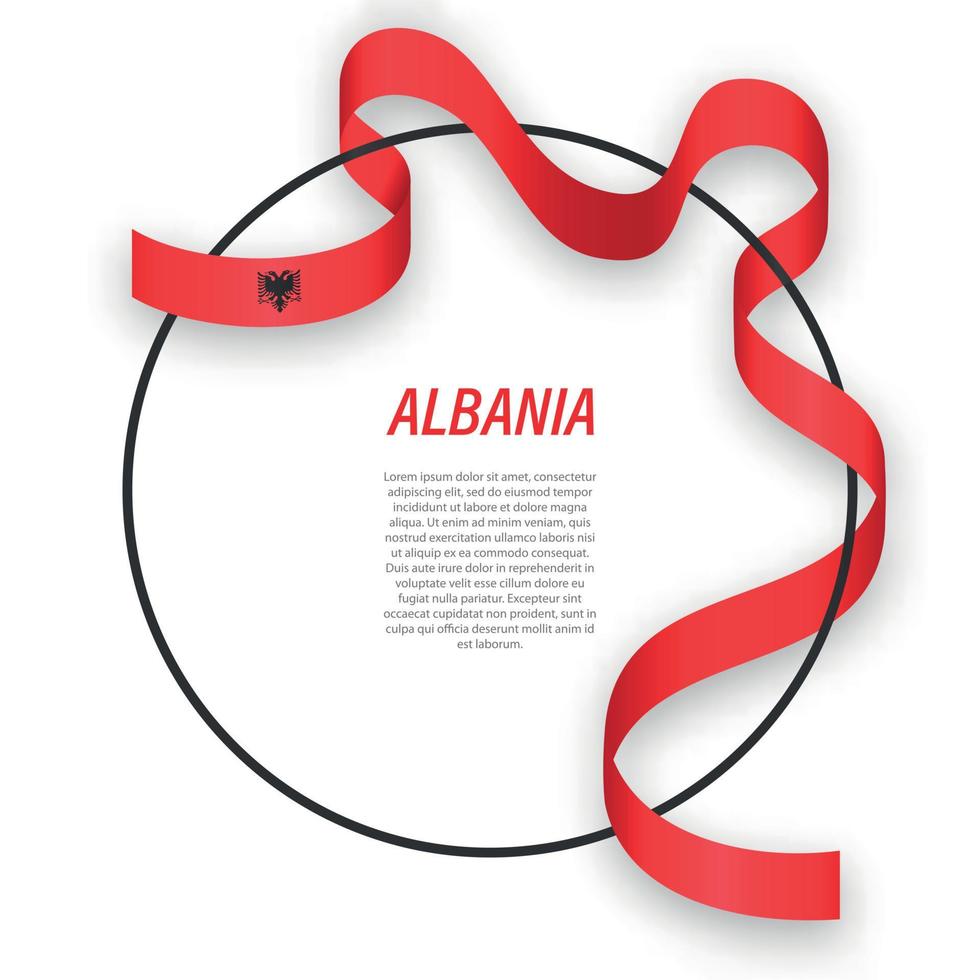 Waving ribbon flag of Albania on circle frame. Template for inde vector