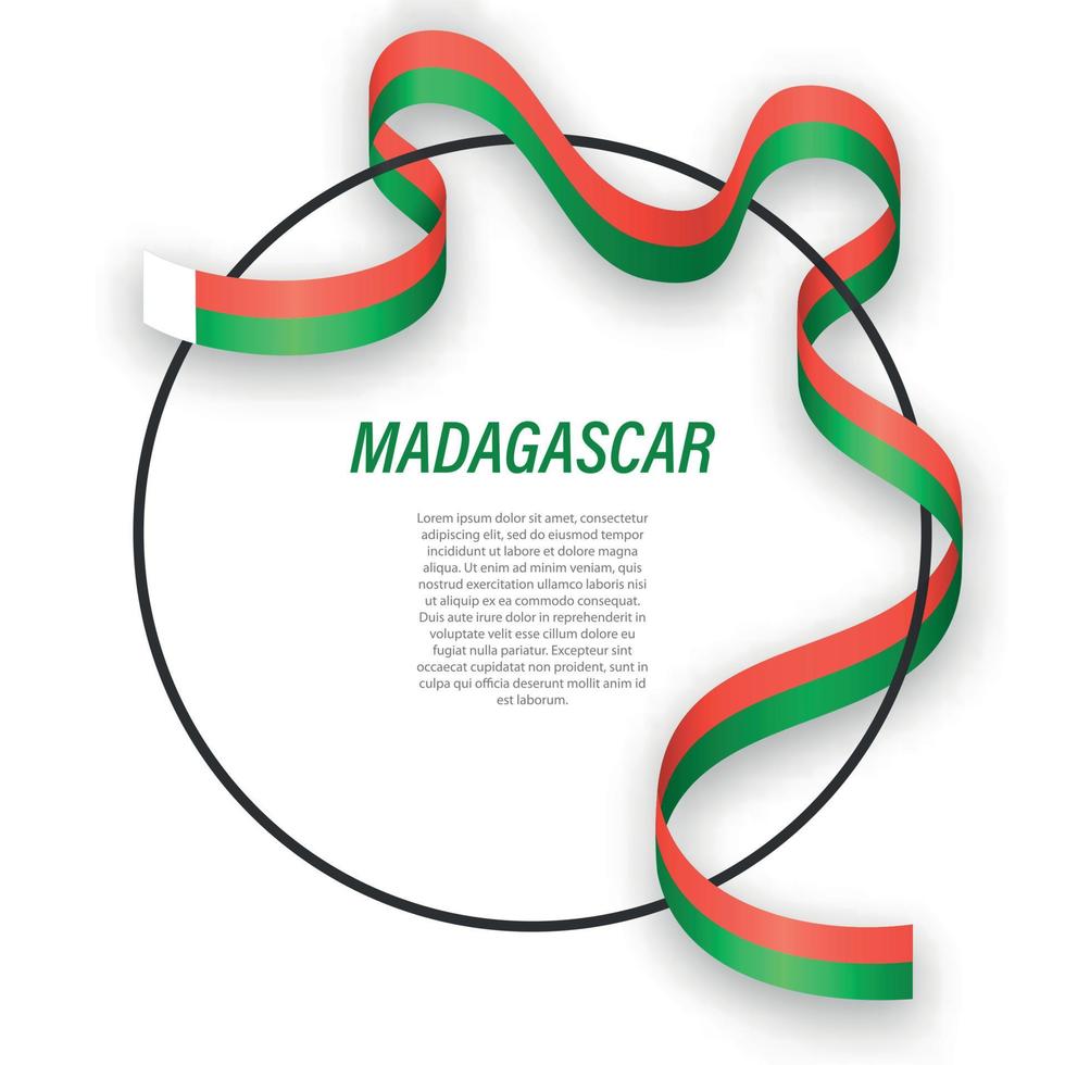 Waving ribbon flag of Madagascar on circle frame. Template for i vector