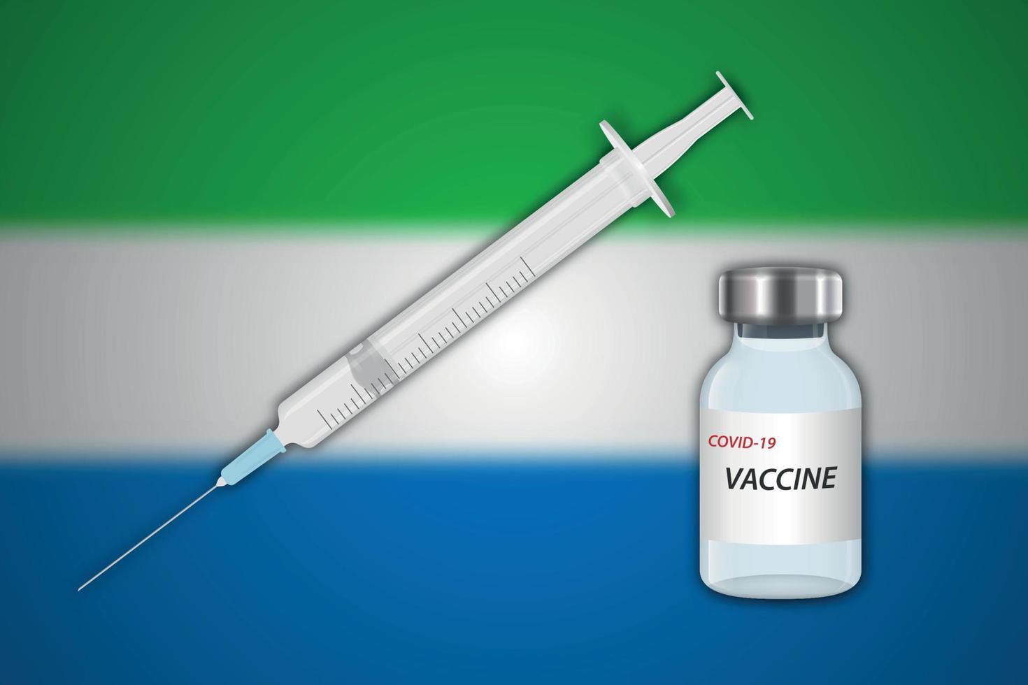 Syringe and vaccine vial on blur background with Sierra Leone fl vector