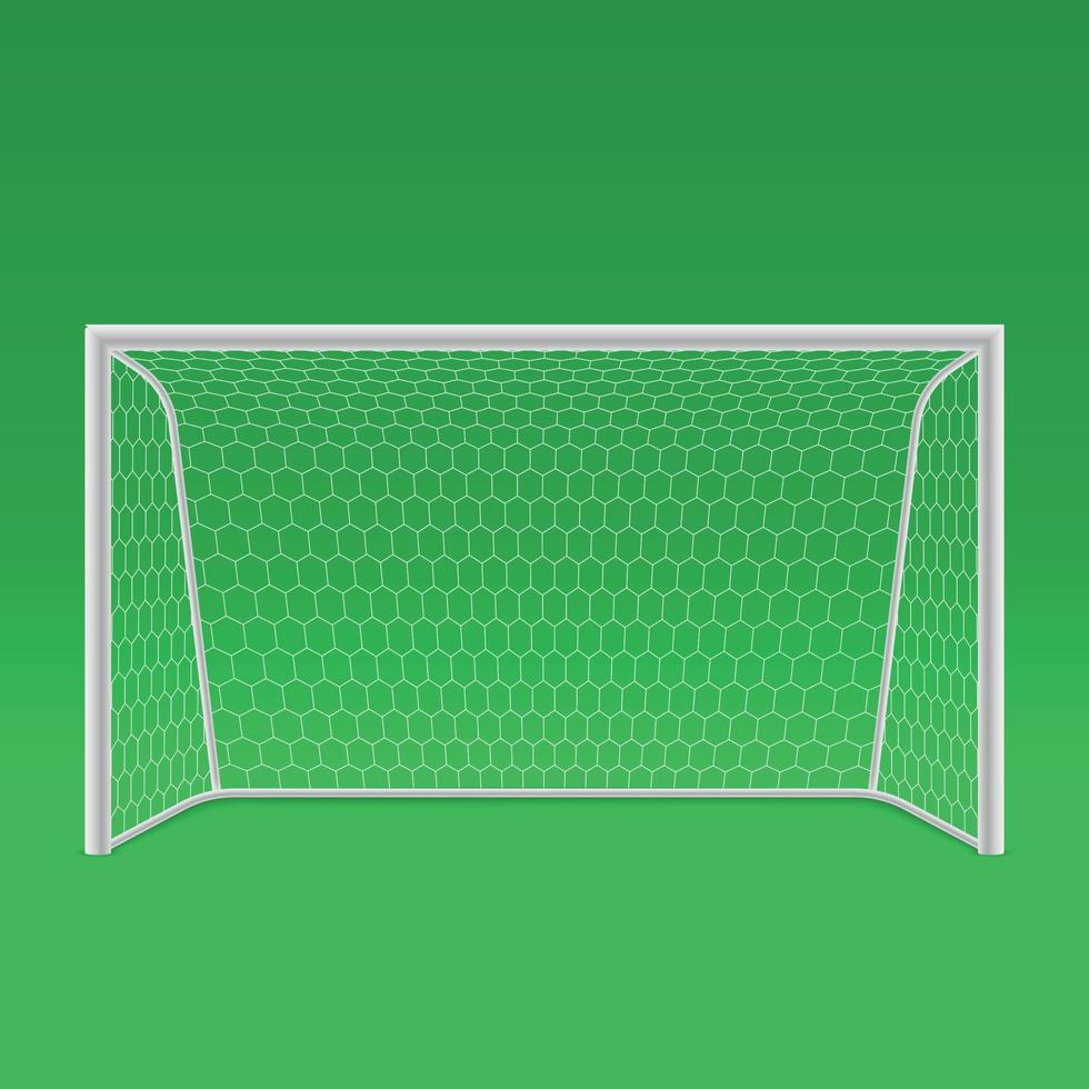 Vista frontal de la portería de fútbol 3d en la plantilla de fondo verde para su diseño vector