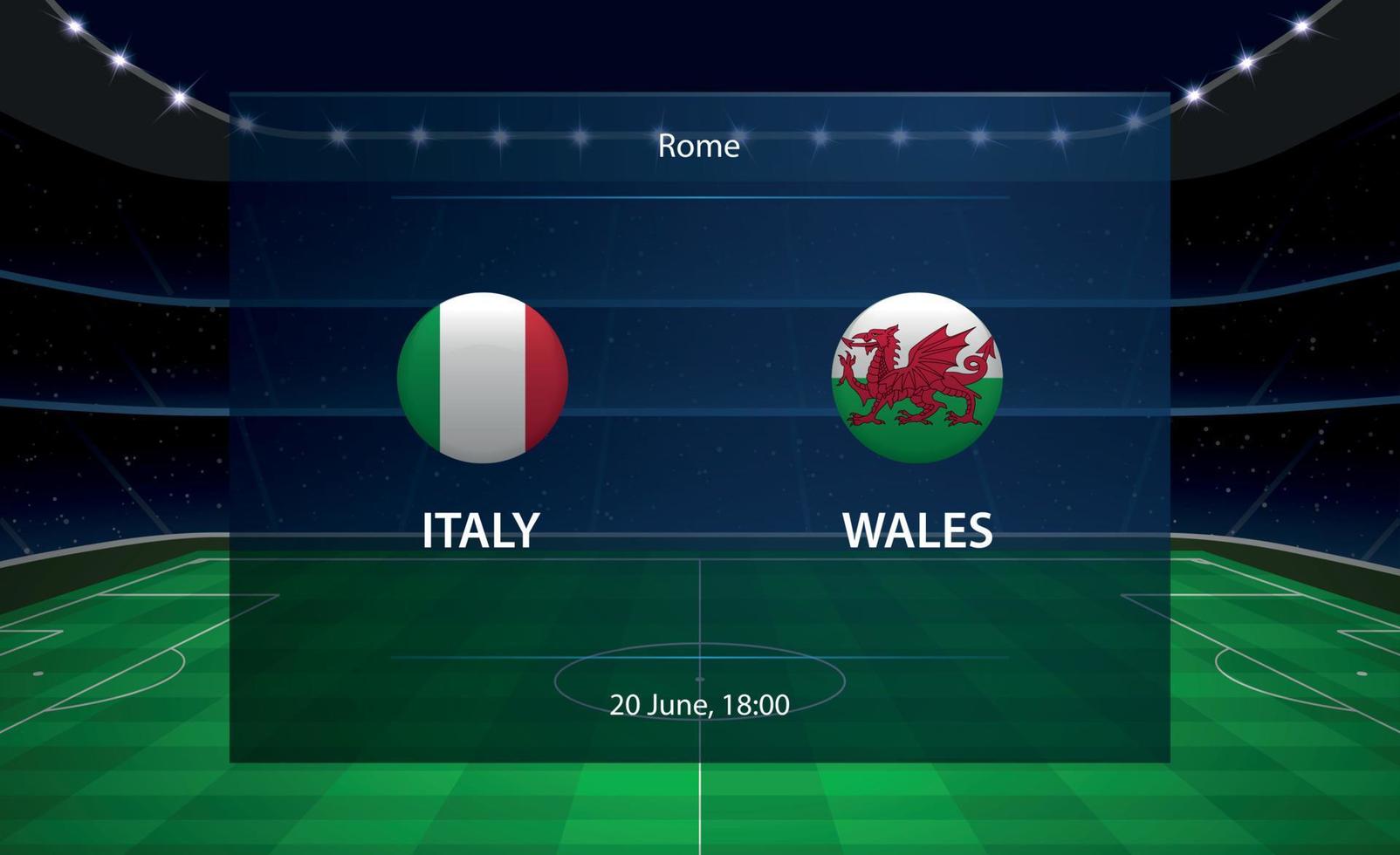 Italy vs Wales football scoreboard. Broadcast graphic soccer vector