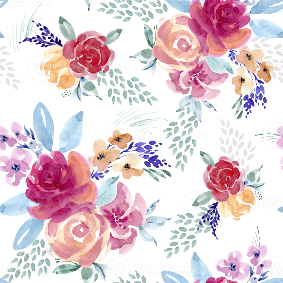 Watercolor floral seamless pattern with roses, hand painted. png