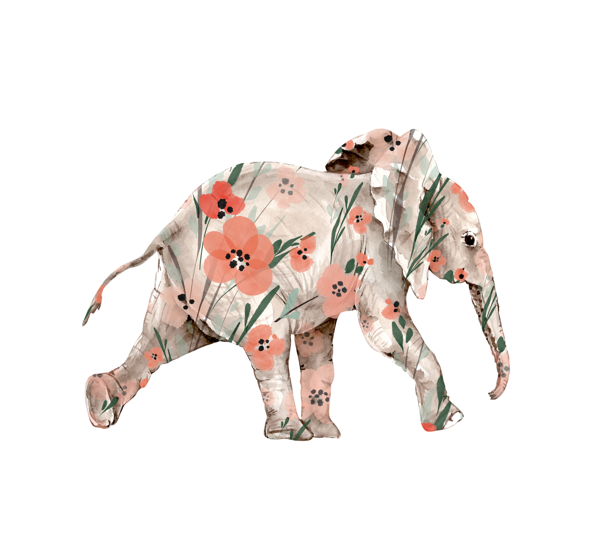 watercolor illustration of an elephant with a floral print. hand