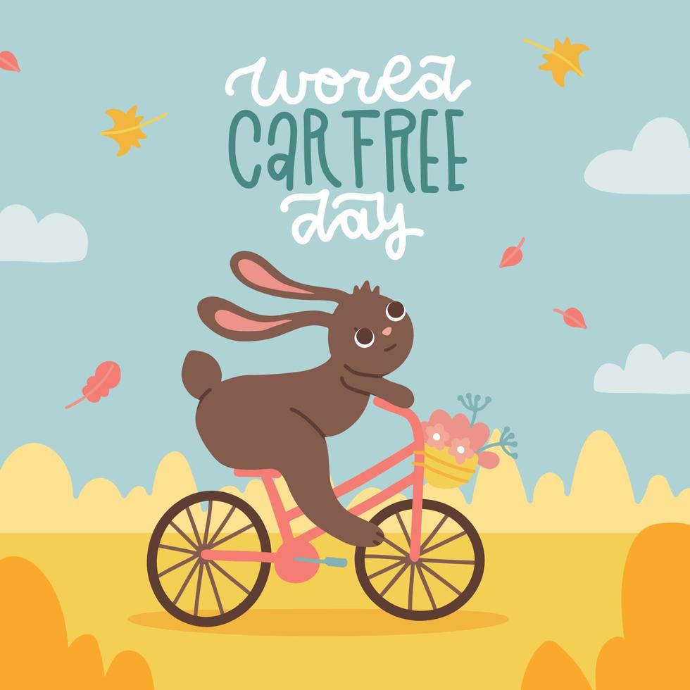 Card or banner for world car free day. Autumn landscape with bunny riding the bicycle with lettering text. Flat hand drawn vector illustration. Sepember 22