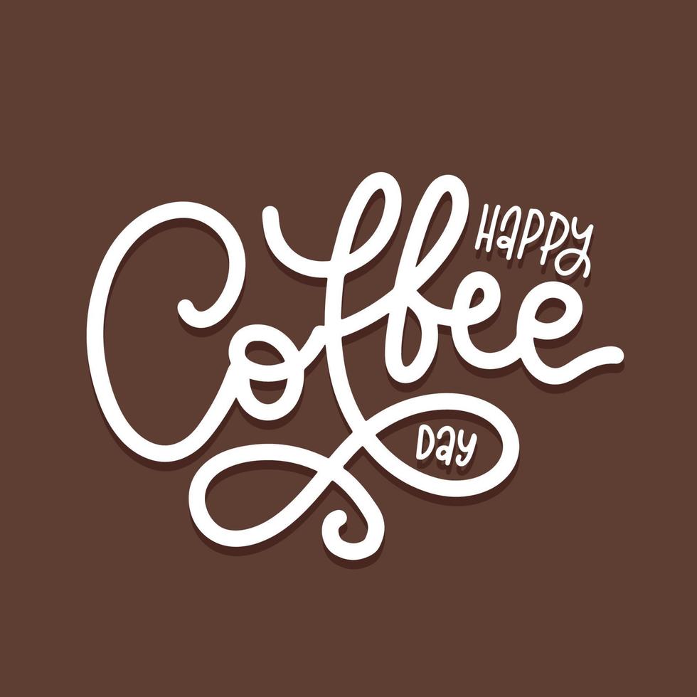 International Coffee Day lettering sign. Hand drawn vector logo with lettering typography on brown background. Trendy simple vector illustration with celebration quote for sticker, print, banner