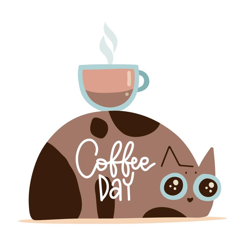 Cute brown cat is holding a large cup of coffee on his back. Isolated concept with lettering inscription - Coffee day. Flat hand drawn vector illustration for poster, card