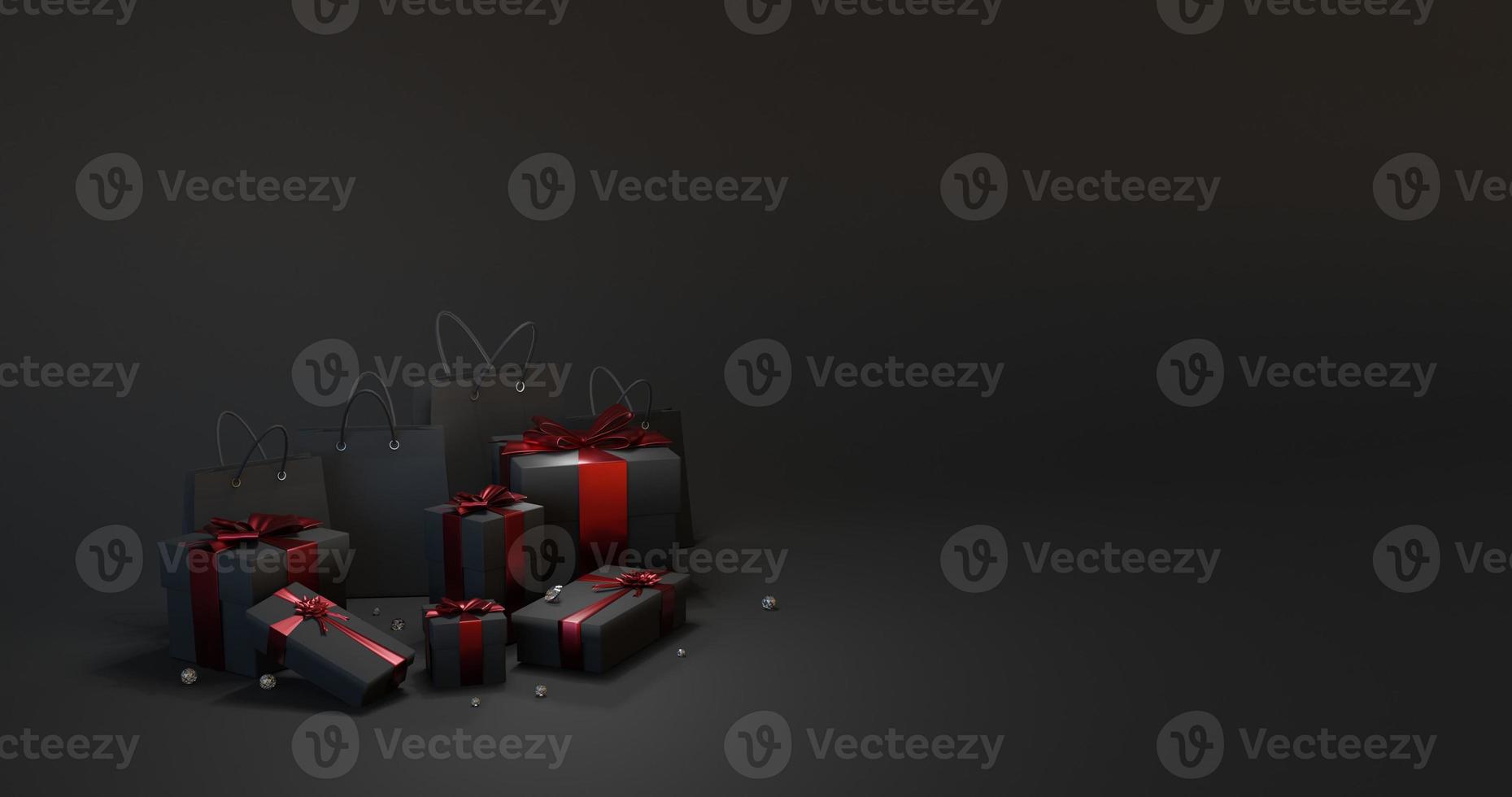 3d rendering black gift box background tied with red ribbon photo