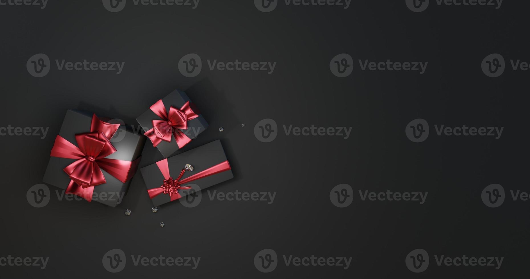 3d rendering black gift box background tied with red ribbon photo