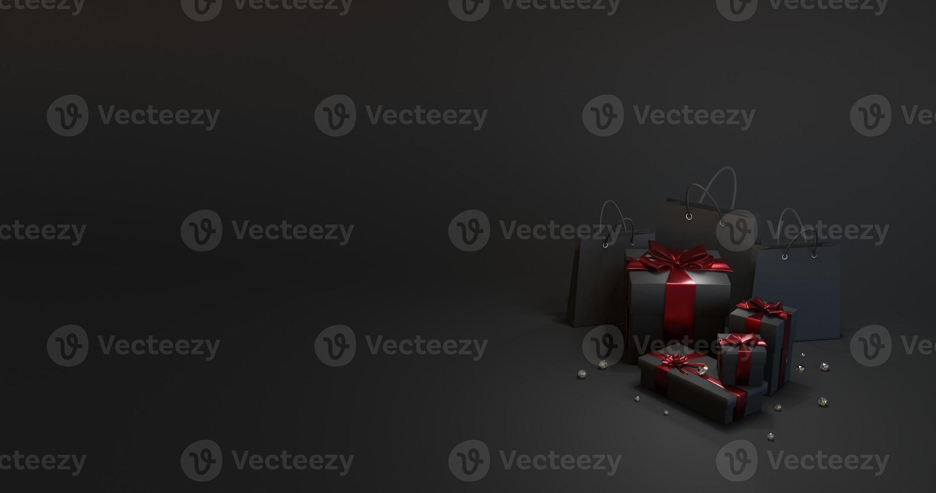 3d rendering black gift box background tied with red ribbon photo