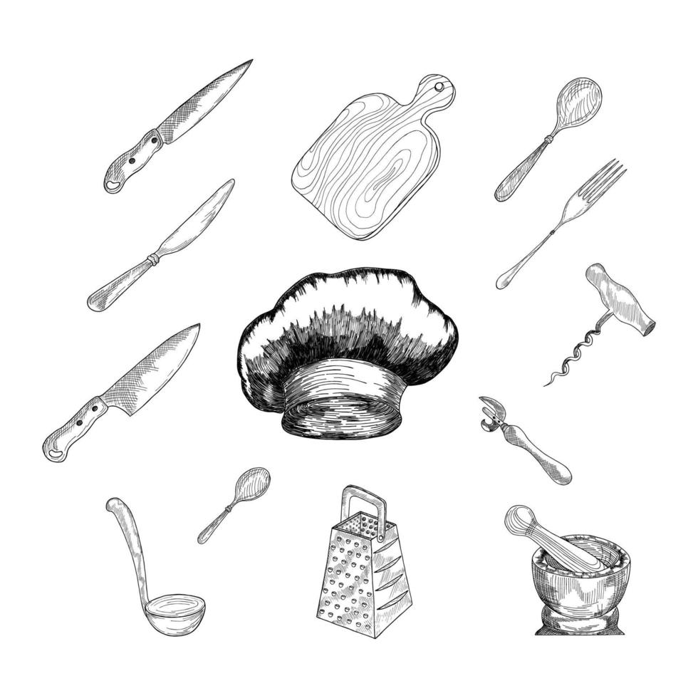 Doodles with kitchen tools. The icons are Hand-Drawn, on a white background. vector
