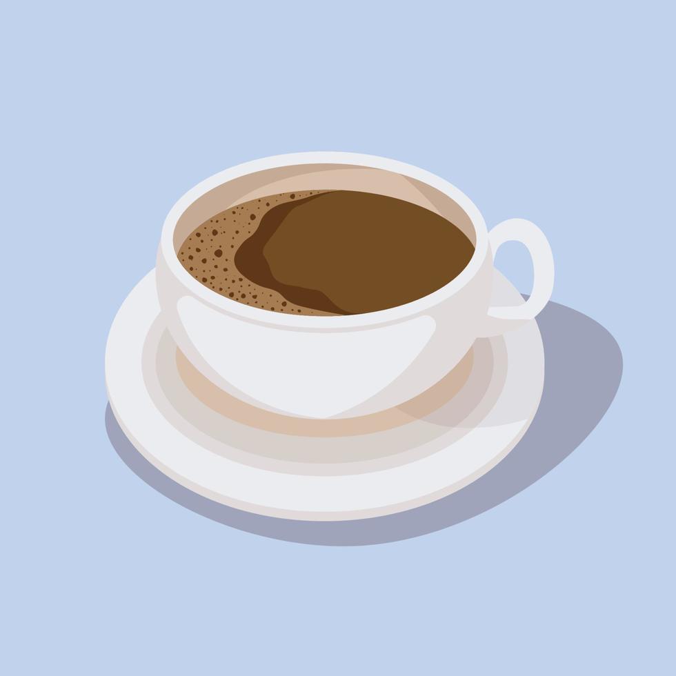 Espresso coffee in white cup with plate in blue background. Americano with crema foam on top for fresh morning. Food and drink concept, design template, mock up, Icon. Vector illustrator.