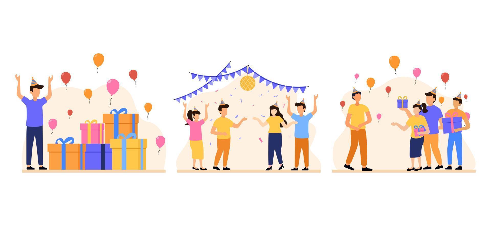 diseño de paquete plano de escena de fiesta de cumpleaños con amigos vector