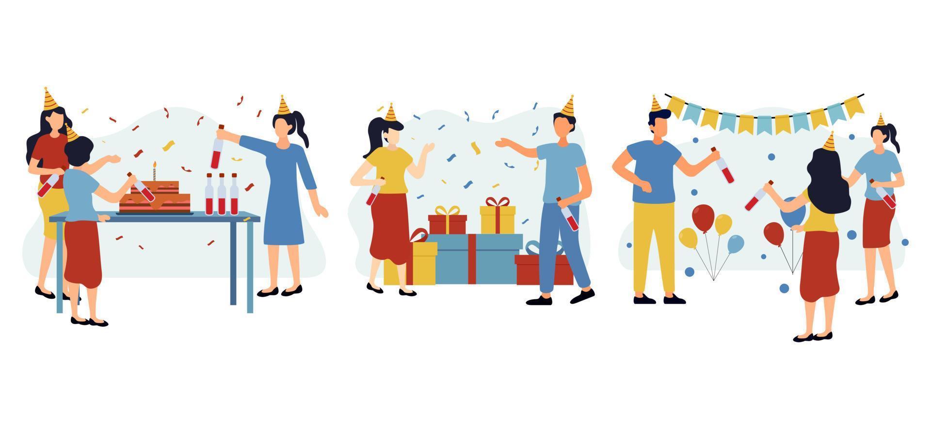 diseño de paquete plano de escena de fiesta de cumpleaños vector