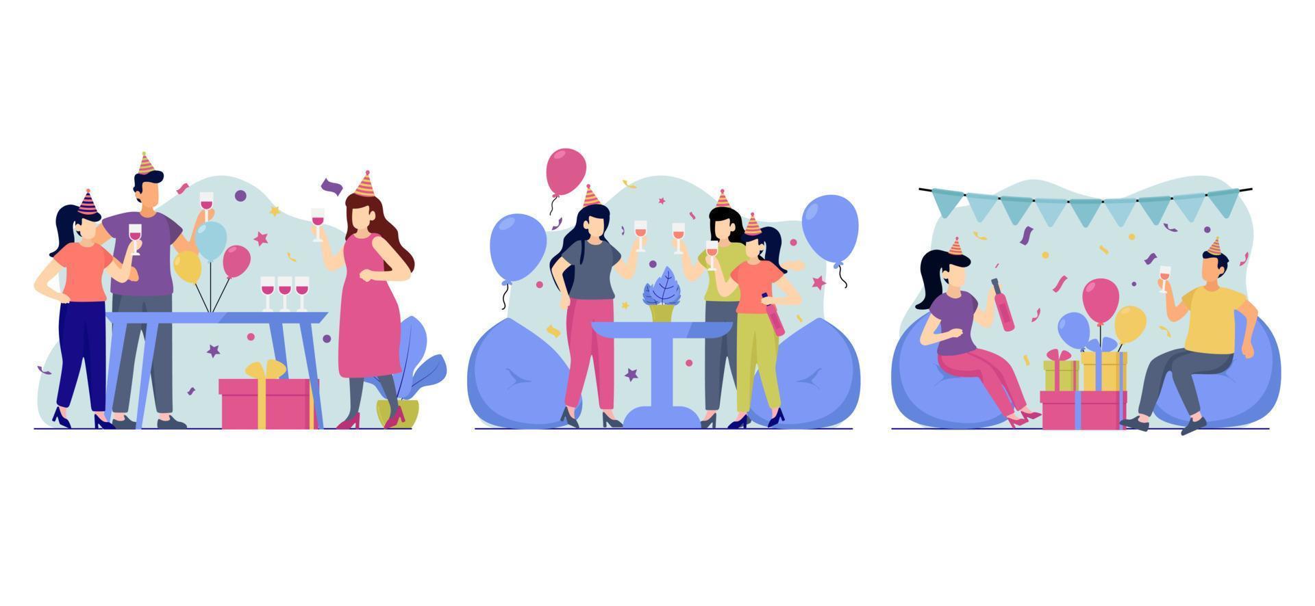 Birthday Party with Friends Scene Flat Bundle Design vector