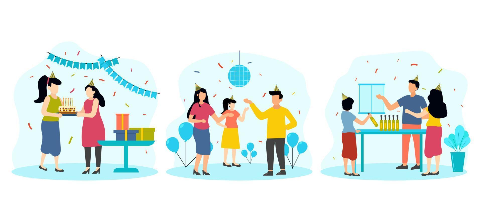 Birthday Party with Family Scene Flat Bundle Design vector