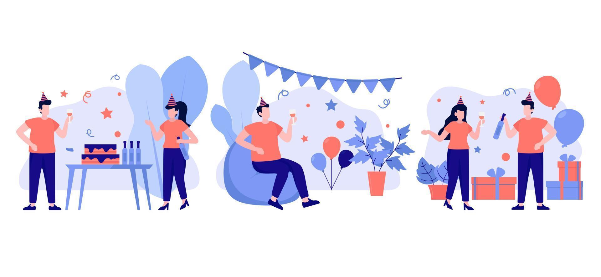 Birthday Party Scene Flat Bundle Design vector