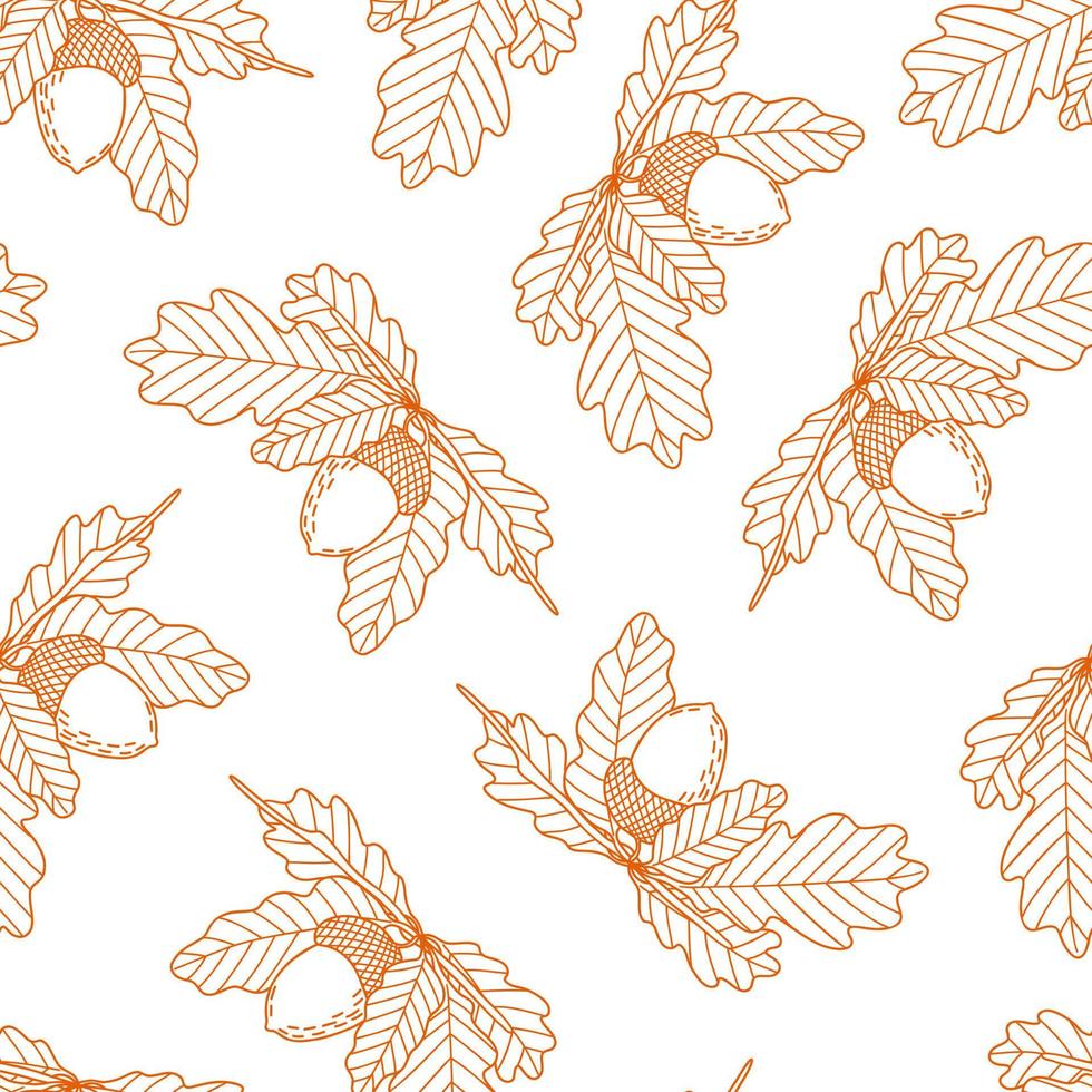 Acorn, oak tree seed and leaves branch seamless pattern, simple hand drawn outline vector illustration, autumn fall ornament, Thanksgiving holiday celebration, harvest time concept, gift paper design