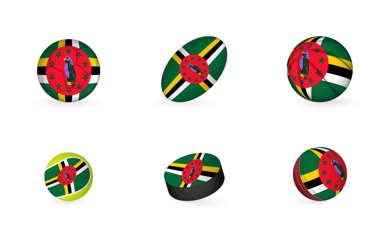 equipamiento deportivo con bandera de dominica. conjunto de iconos de deportes. vector