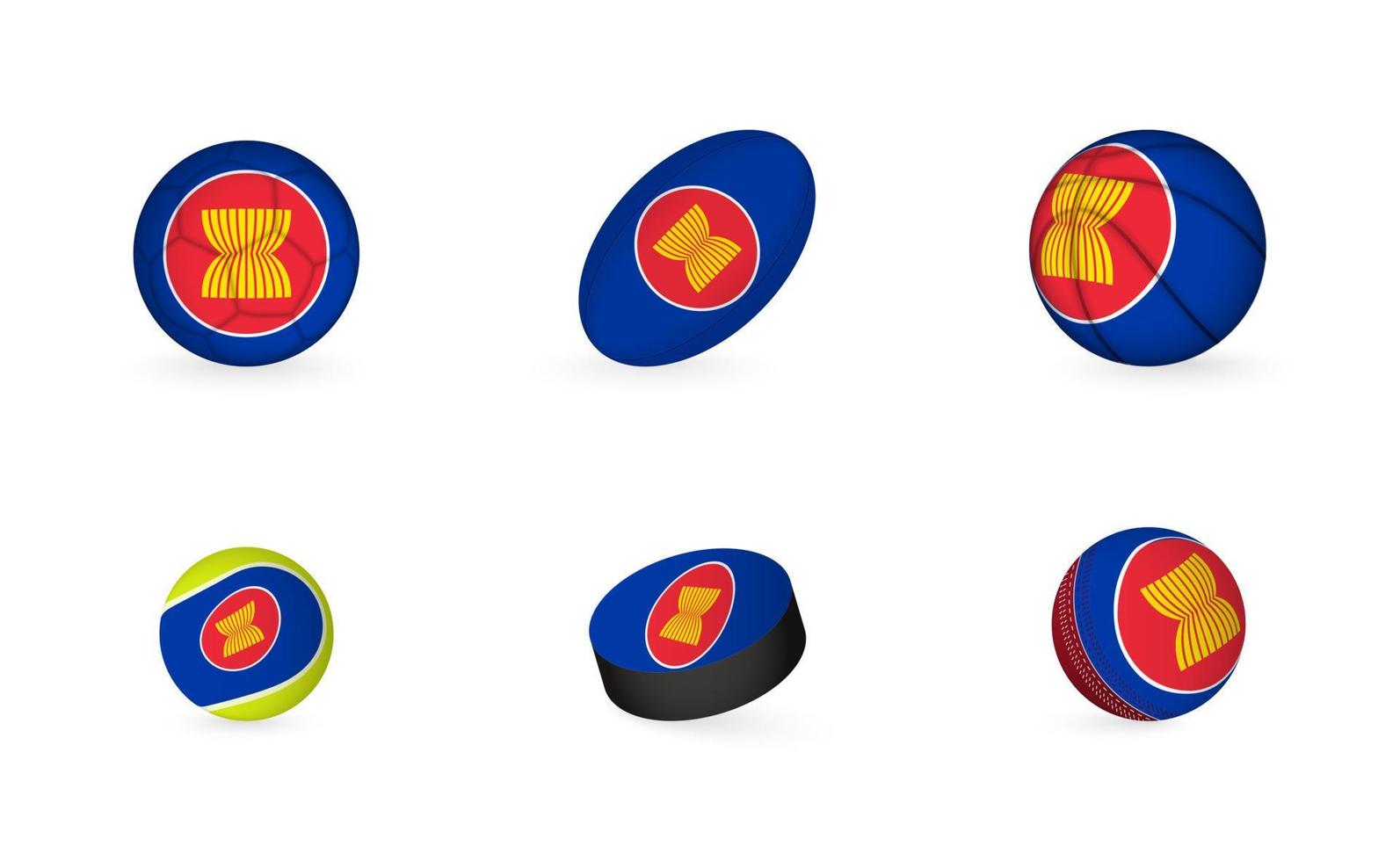 Sports equipment with flag of ASEAN. Sports icon set. vector