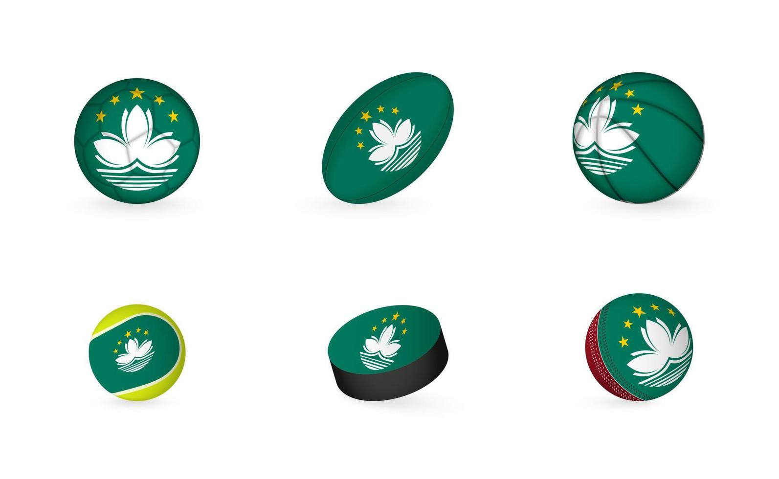 Sports equipment with flag of Macau. Sports icon set. vector