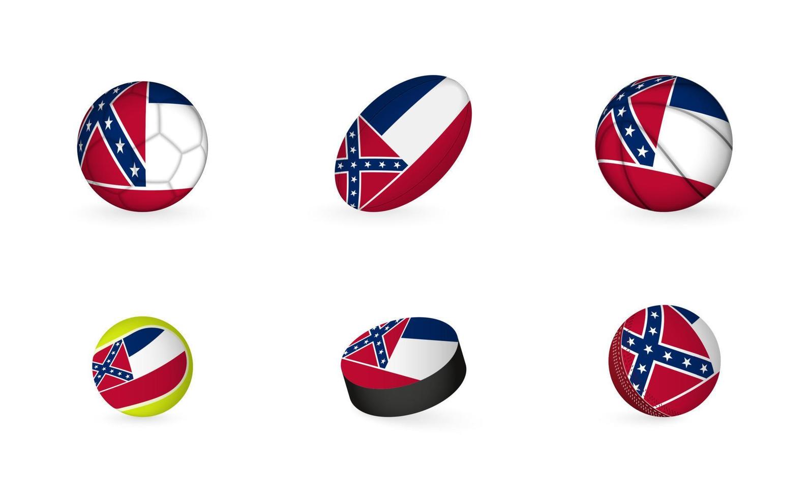 Sports equipment with flag of Mississippi. Sports icon set. vector