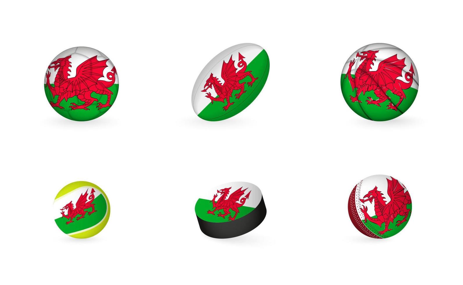 Sports equipment with flag of Wales. Sports icon set. vector