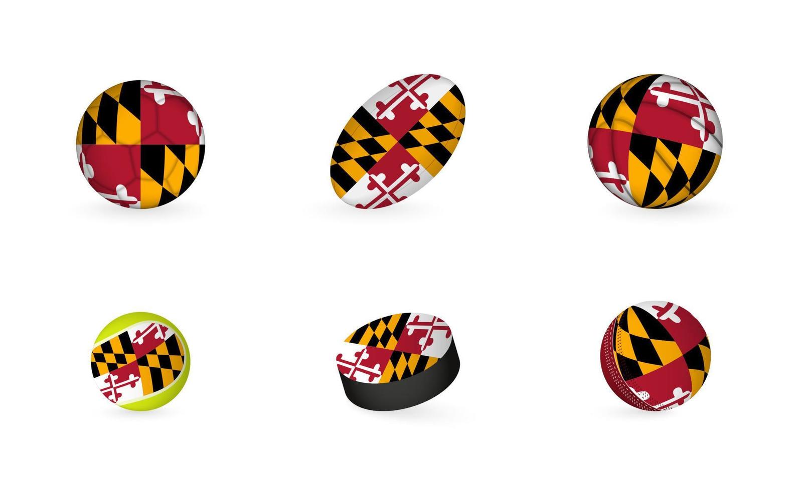 Sports equipment with flag of Maryland. Sports icon set. vector