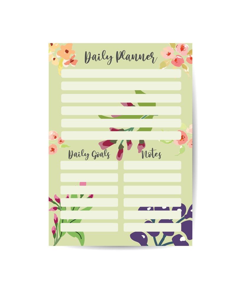 Daily Routines planner template Vector design element Floral of page for a notebook sheet with notes