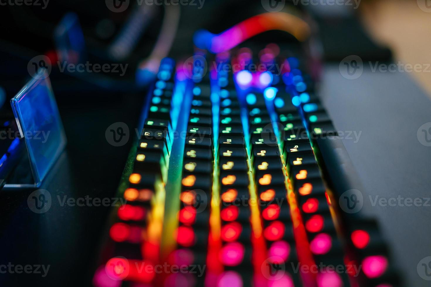 Multicolored backlight focus on windows keyboard. K photo