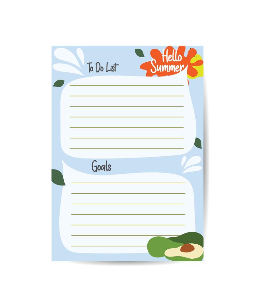 lista minimalista simple para hacer y notas con ilustraciones de verano. hola letras de verano. lista de verificación imprimible. vector