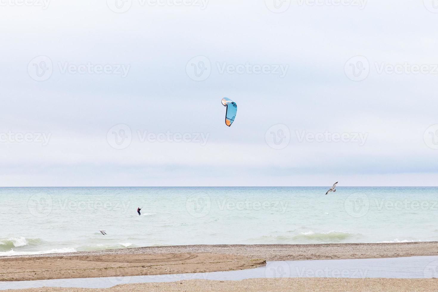 solo kitesurf en el agua del lago michigan junto con dos gaviotas volando. playa de arena con huellas. charcos de agua en la playa. cometa colorida volando en el cielo. foto