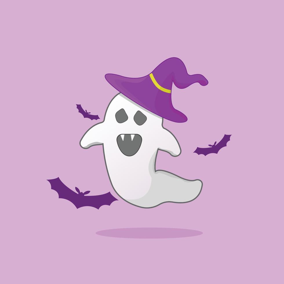 Illustration of Ghost Cute with bat shadow wicth hat. for poster hallowen, shirt, children book etc. vector