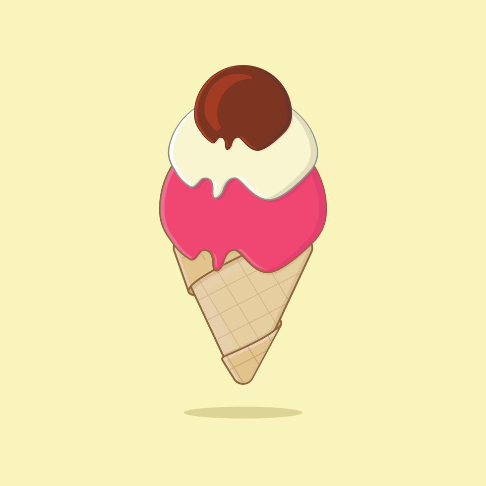 ilustración de helado en cono de galleta. helado en variante de sabor fresa, vainilla y chocolate vector