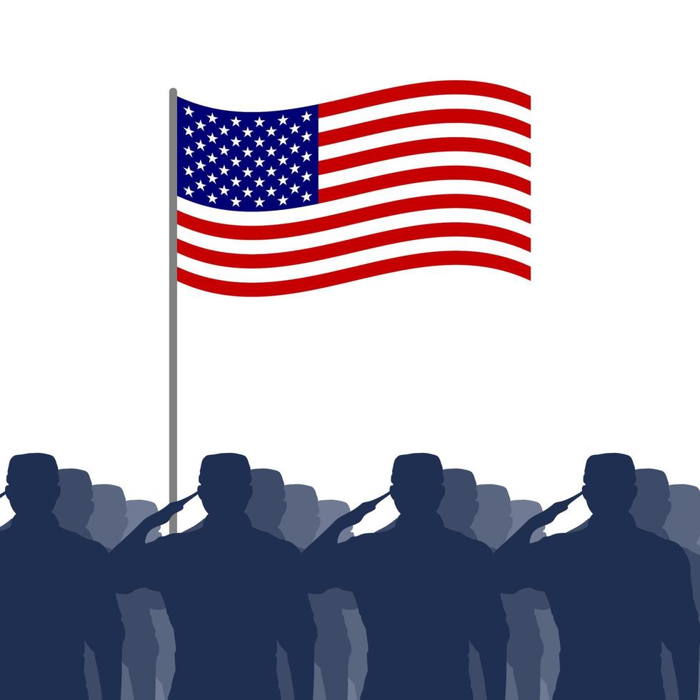 Saluting soldier silhouette with American flag vector