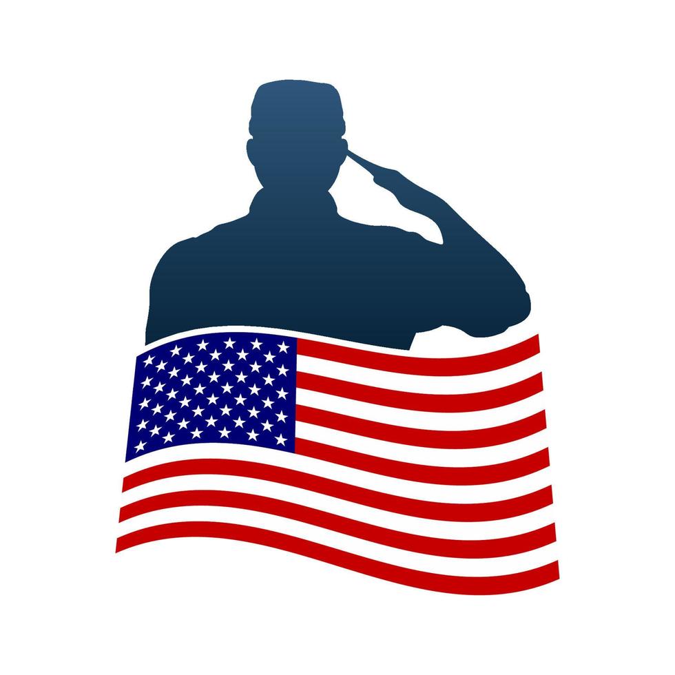 Saluting soldier silhouette with American flag vector