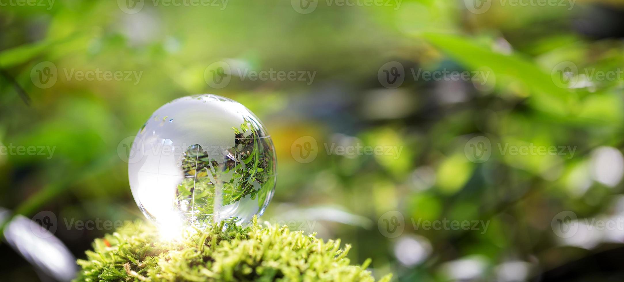globo planeta cristal en bosque verde con luces de naturaleza bokeh. día Mundial del Medio Ambiente. concepto de conservación del medio ambiente, protección de la ecología, la tierra y el medio ambiente, pancarta de vida ecológica y espacio de copia foto