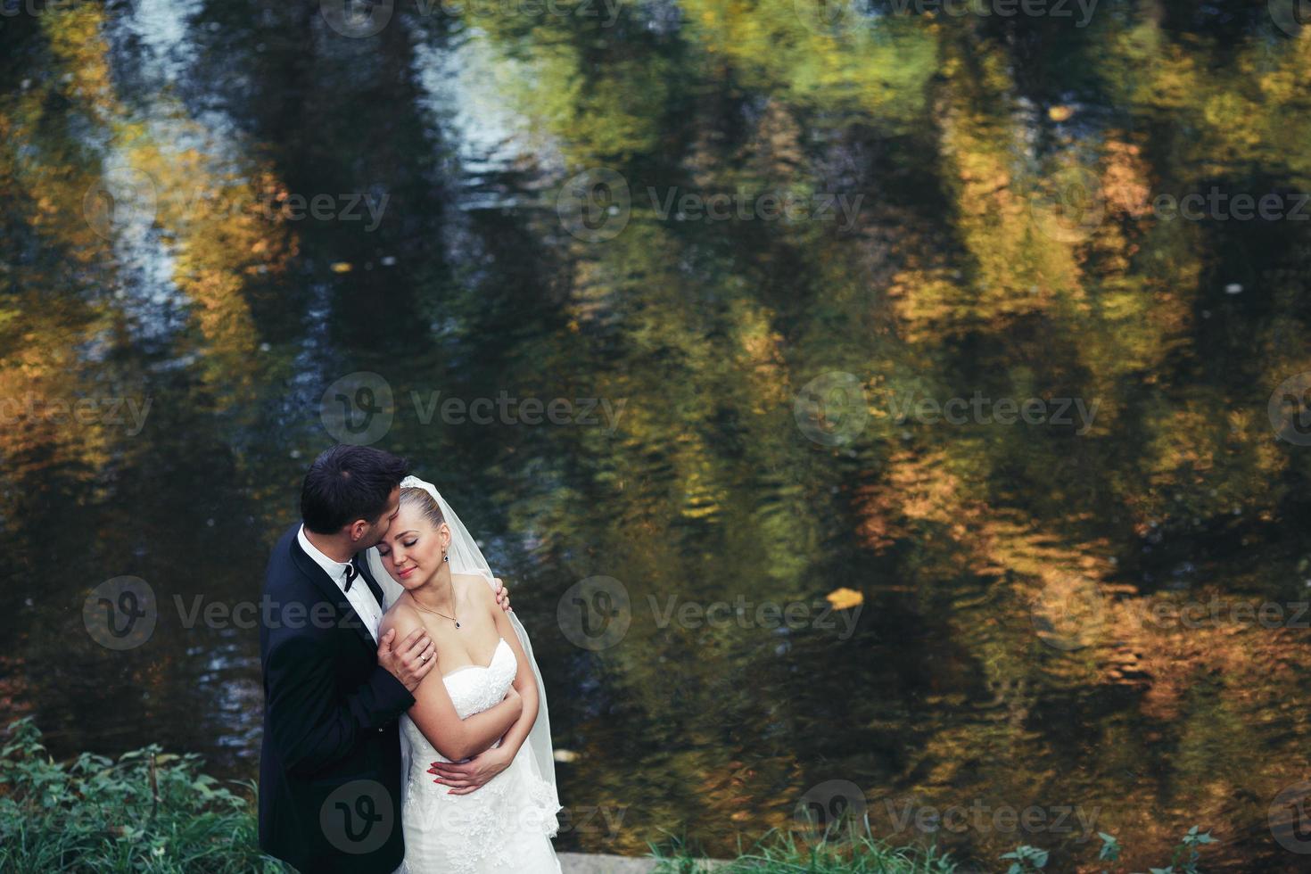 Beautiful wedding couple posing in forest photo