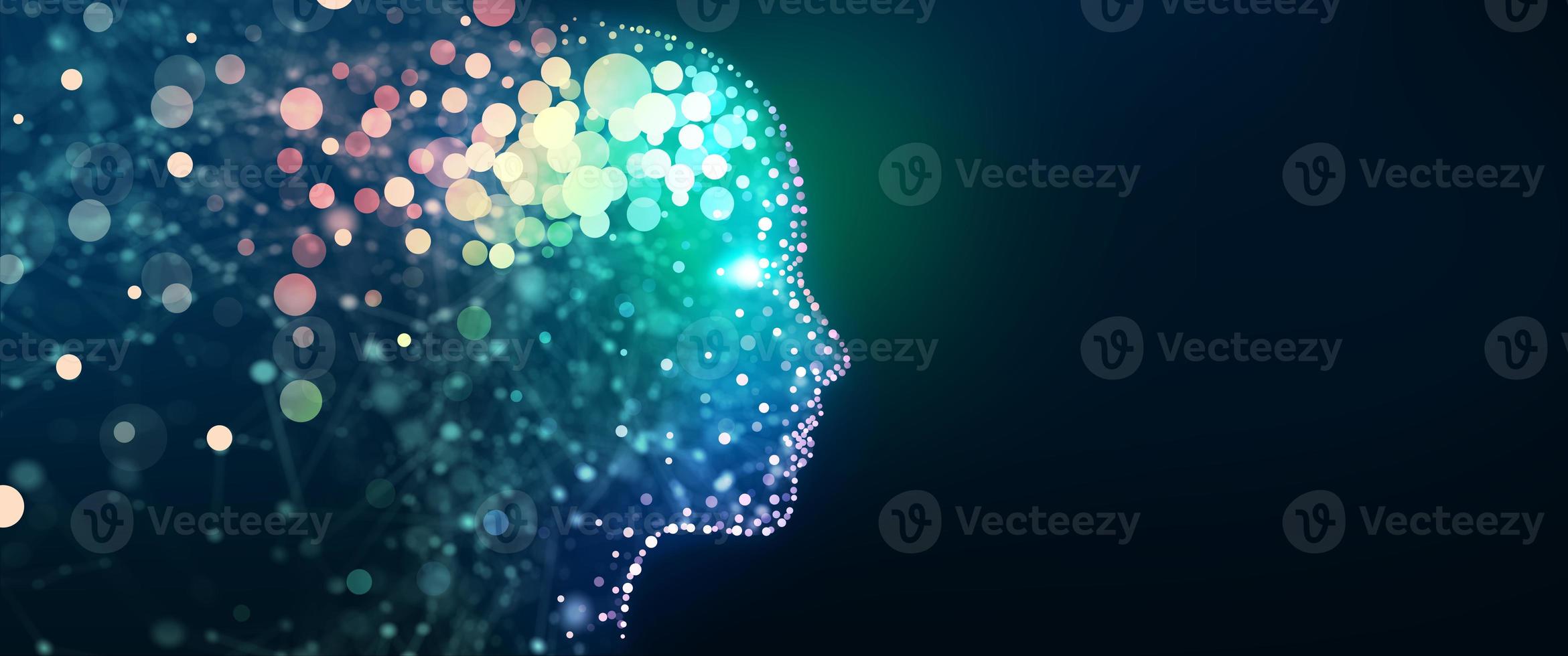 AI - Artificial intelligence. Robotics head and face with neural network thinks. Copy space. photo