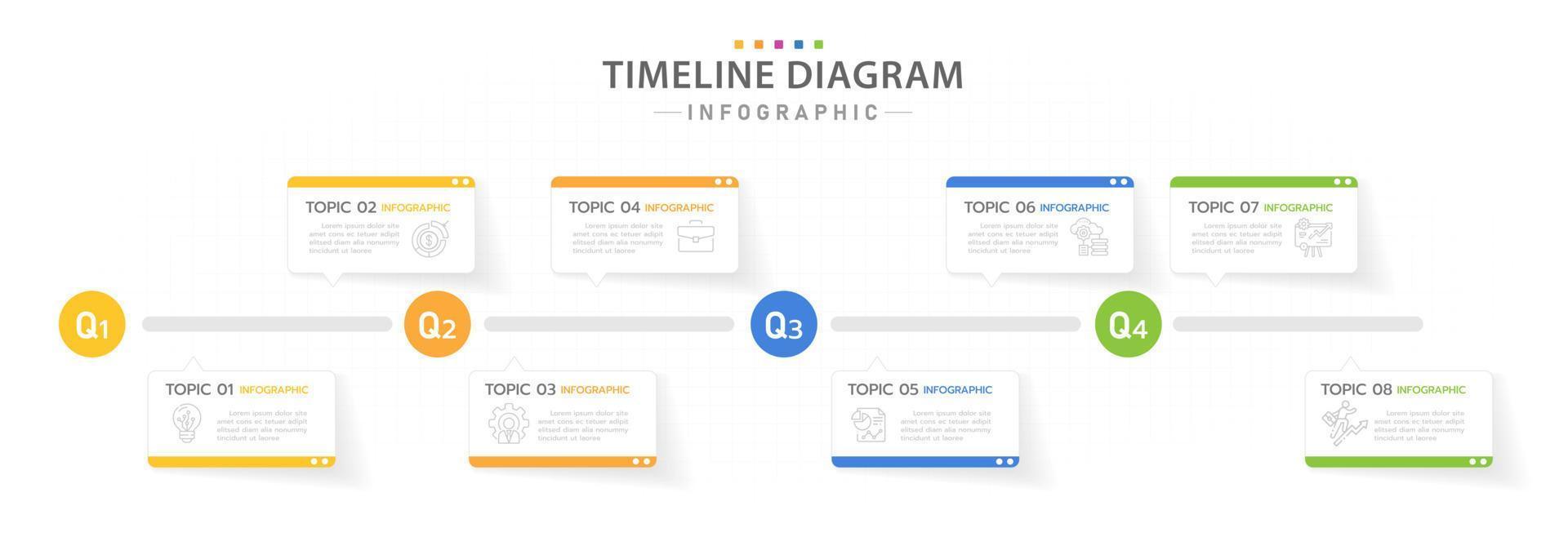 plantilla infográfica para negocios. Calendario de diagrama de línea de tiempo moderno de 12 meses separado por trimestre, infografía vectorial de presentación. vector