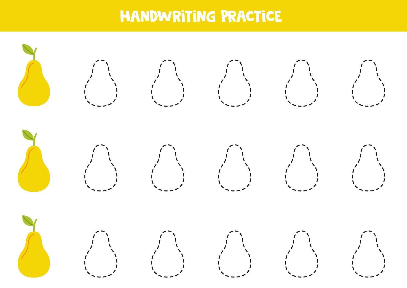 Tracing lines for kids. Hand drawn yellow pear. Writing practice. vector