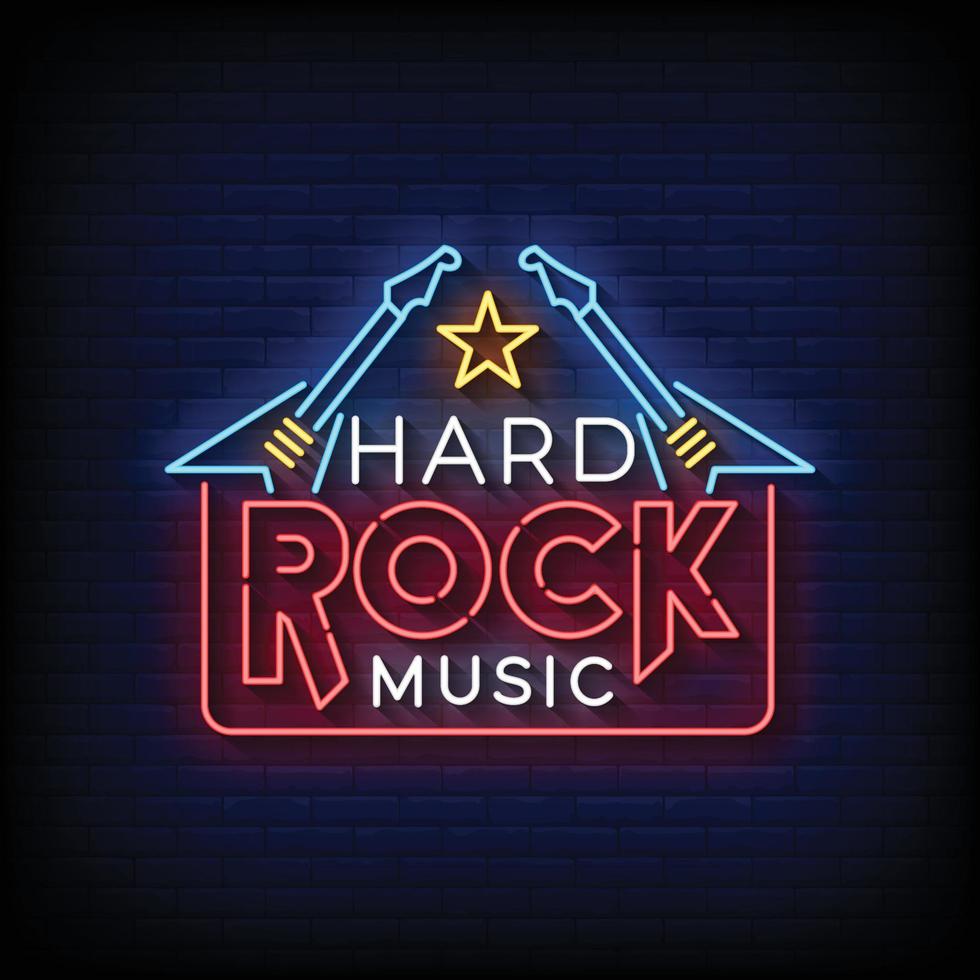 letrero de neón música hard rock con vector de fondo de pared de ladrillo