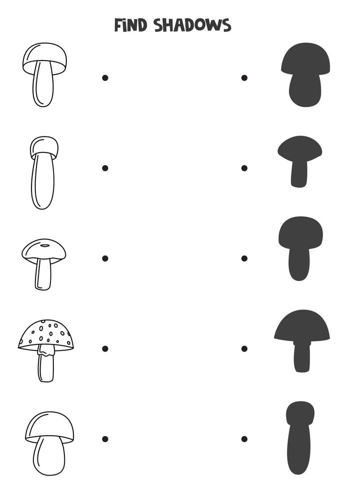 Find the correct shadows of black and white autumn mushrooms. Logical puzzle for kids. vector