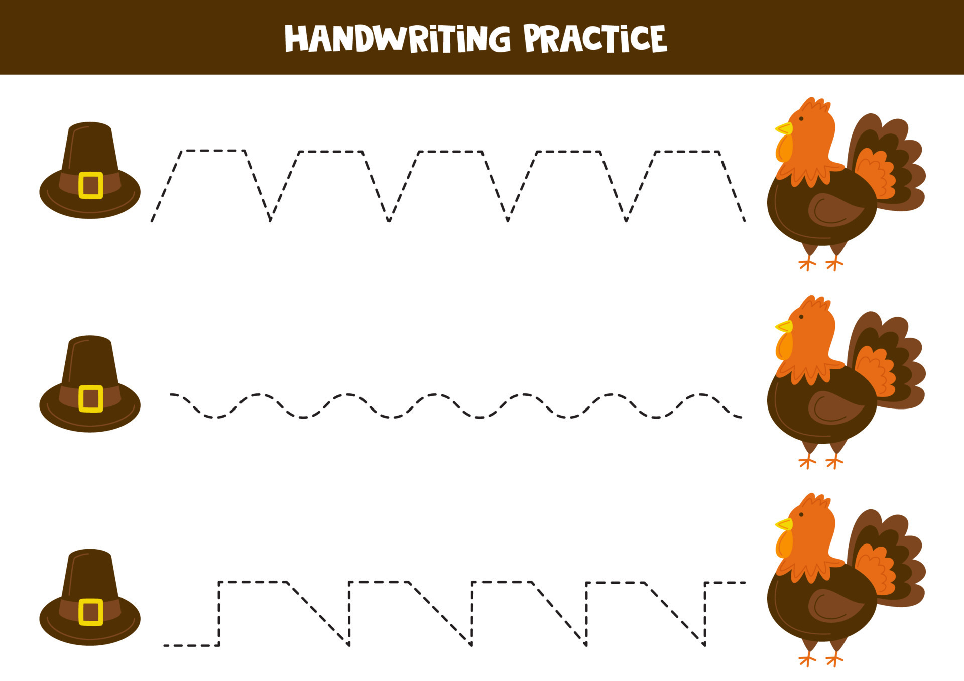 Tracing lines for kids. Hand drawn Thanksgiving hat and turkey. Writing